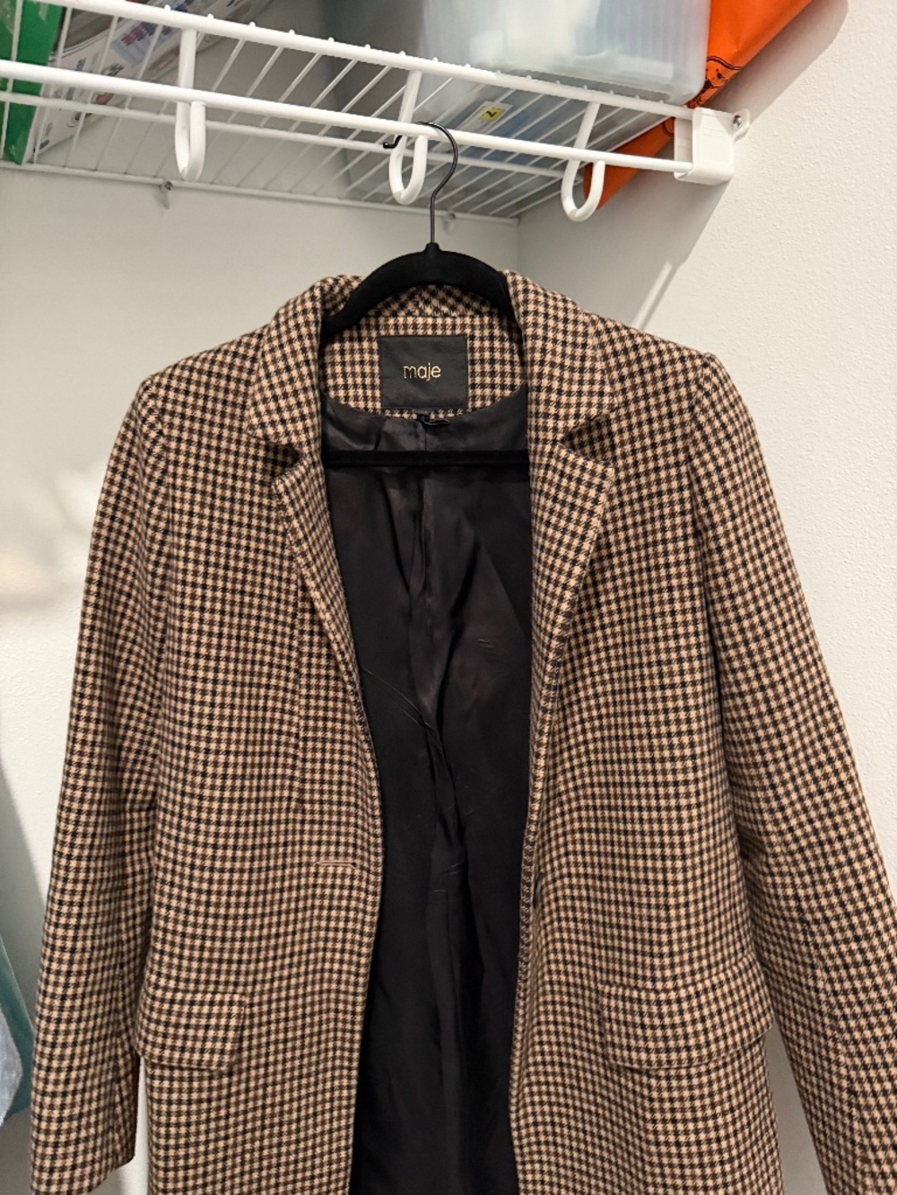 Maje Houndstooth Wool Blazer Camel Black